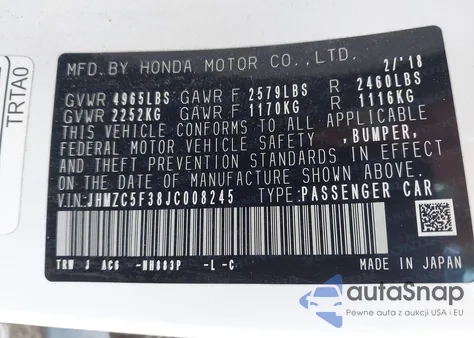 2018 Honda Clarity Plug-In Hybrid Touring из США, поврежденный, VIN JHMZC5F38JC008245